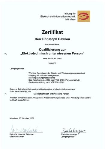 Qualifizierung zur "Elektrotechnisch unterwiesenen Person"
