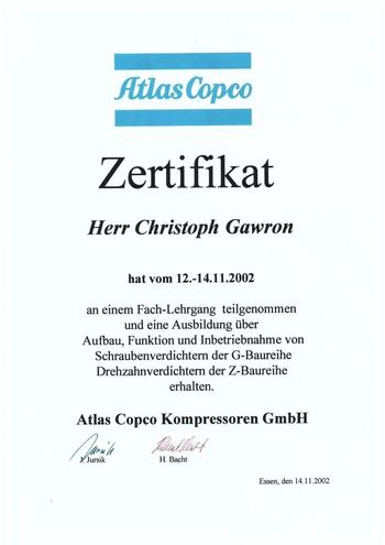 Zertifikat - Teilnahme Fach-Lehrgang & Ausbildung über Aufbau, Funktion und Inbetriebnahme von Schraubenverdichtern der G-Baureihe, Drehzahnverdichtern der Z-Bauhreihe