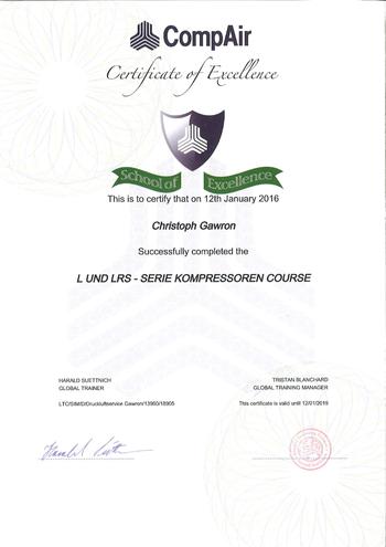 Zertifikat CompAir - Christoph Gawron - L und LRS - Serie Kompressoren Kurs