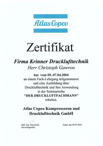 Zertifikat - Teilnahme Fach-Lehrgang Seminarreihe "Der Druckluftfachmann"