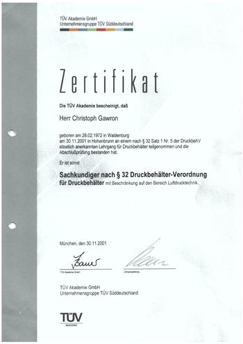 Zertifikat - TÜV Akademie GmbH - Sachkundiger nach § 32 Druckbehälter-Verordnung für Druckbehälter (mit Beschränkung auf den Bereich Luftdrucktechnik)