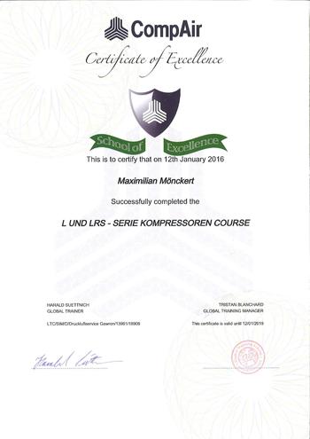 Zertifikat - Maximilian Mönckert - L und LRS - Serie Kompressoren Kurs